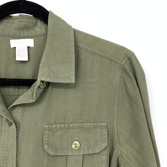 Chicos Button Front Shirt Dress Womens Sz 0.5 US Small Green Long Sleeve Belted - Picture 3 of 5